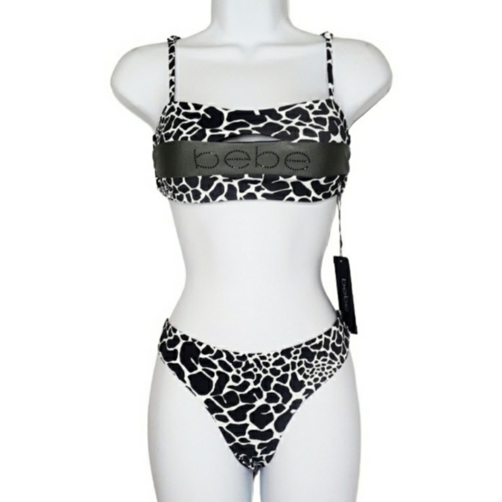 BEBE Leopard Silver Lurex Rhinestone Bikini Large NWT